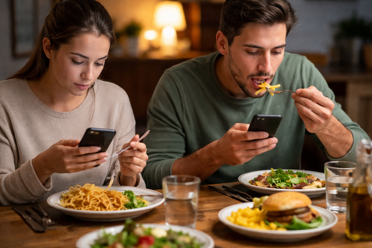 El uso del móvil durante las comidas fragmenta la atención y altera la percepción de sabores. El uso del móvil durante las comidas fragmenta la atención y altera la percepción de sabores.