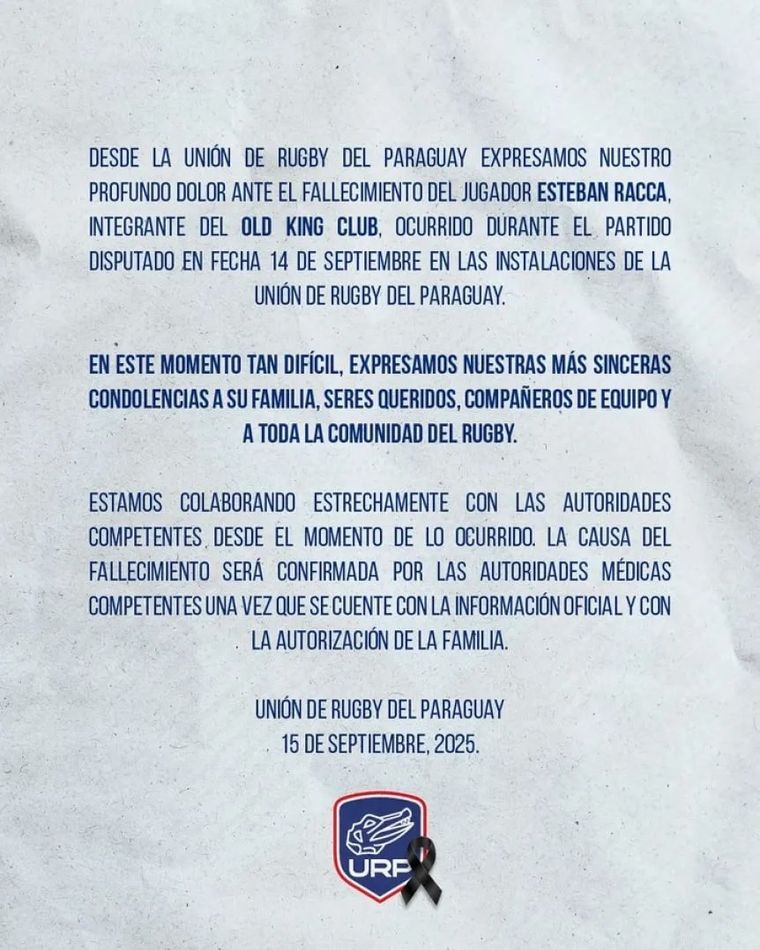 El comunicado de la Unión de Rugby del Paraguay (URP).