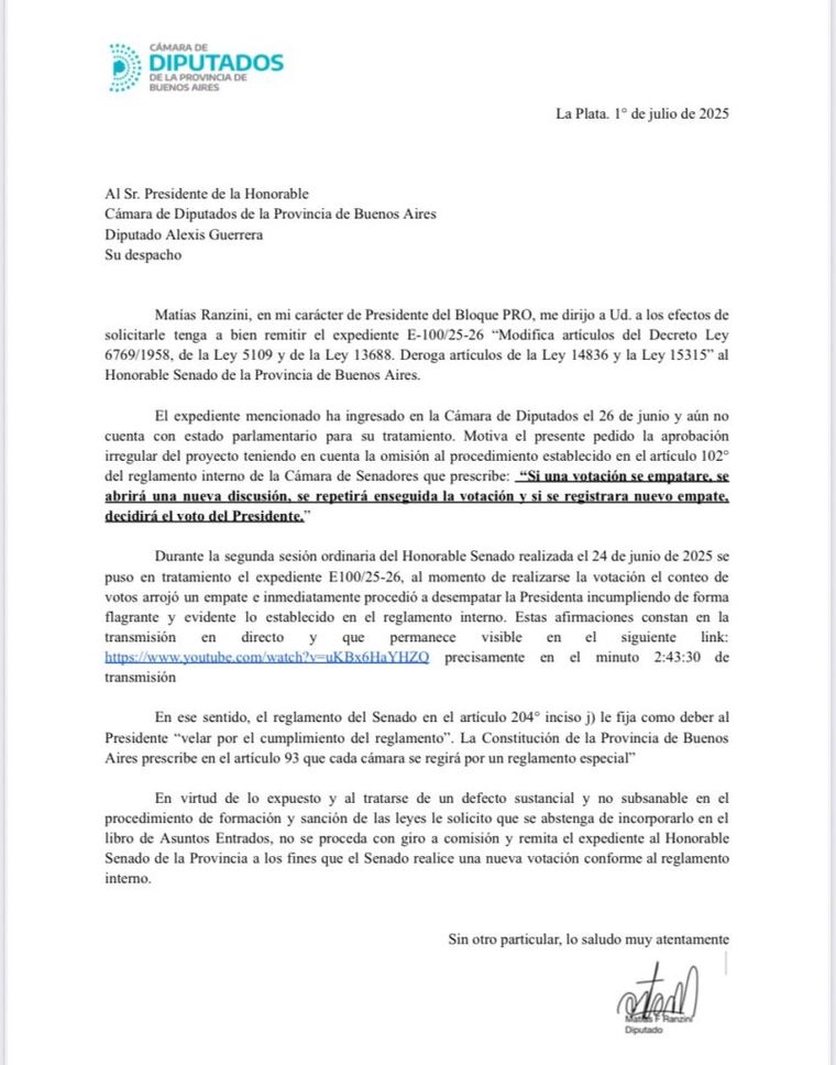 Pedido del presidente del bloque de diputados bonaerenses del PRO, Matiás Ranzini para que no entre en la Cámara Baja provincial el expediente girado por el Senado bonaerense con la media sanción a las reelecciones indefinidas de Legisladores, concejales y consejeros escolares Pedido del presidente del bloque de diputados bonaerenses del PRO, Matiás Ranzini para que no entre en la Cámara Baja provincial el expediente girado por el Senado bonaerense con la media sanción a las reelecciones indefinidas de Legisladores, concejales y consejeros escolares