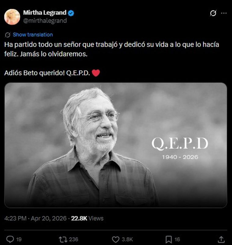 Mirtha Legrand y un adiós a Luis Brandoni. Mirtha Legrand y un adiós a Luis Brandoni.
