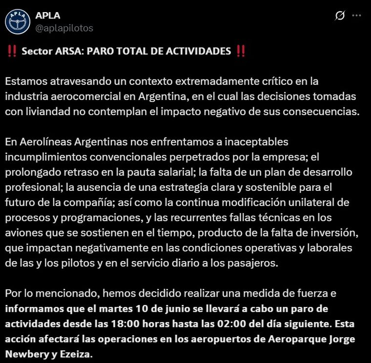 El comunicado de la Asociación de Pilotos de Líneas Aéreas a través de su cuenta oficial de X. El comunicado de la Asociación de Pilotos de Líneas Aéreas a través de su cuenta oficial de X.