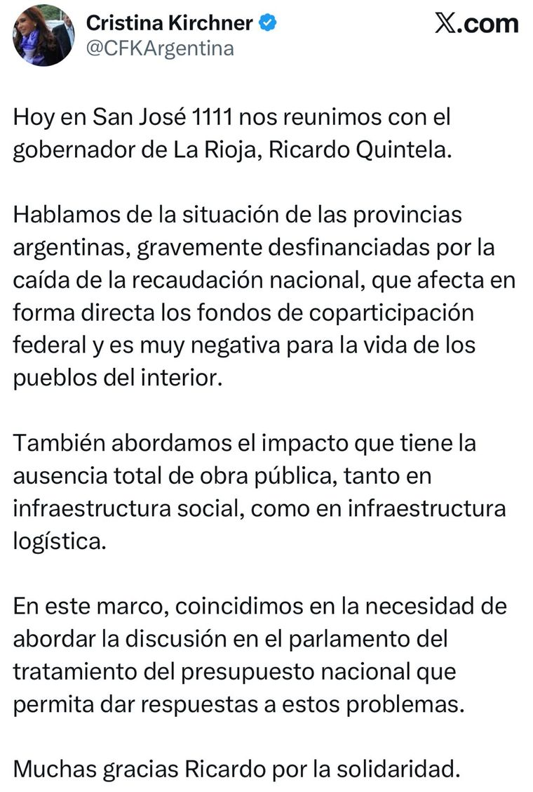 CFK le agradeció su visita a Ricardo Quintela.