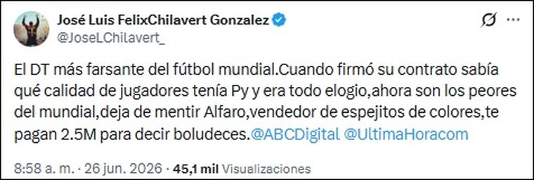 José Luis Chilavert, durísimo con Alfaro en X. José Luis Chilavert, durísimo con Alfaro en X.