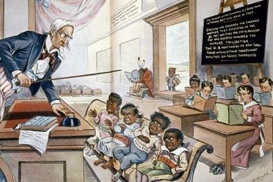 MDZol | Caricatura de 1899 sobre la política estadounidense de enseñar inglés a sus nuevas colonias con niños de Filipinas, Hawái, Puerto Rico y Cuba en la primera fila. Foto: Getty images