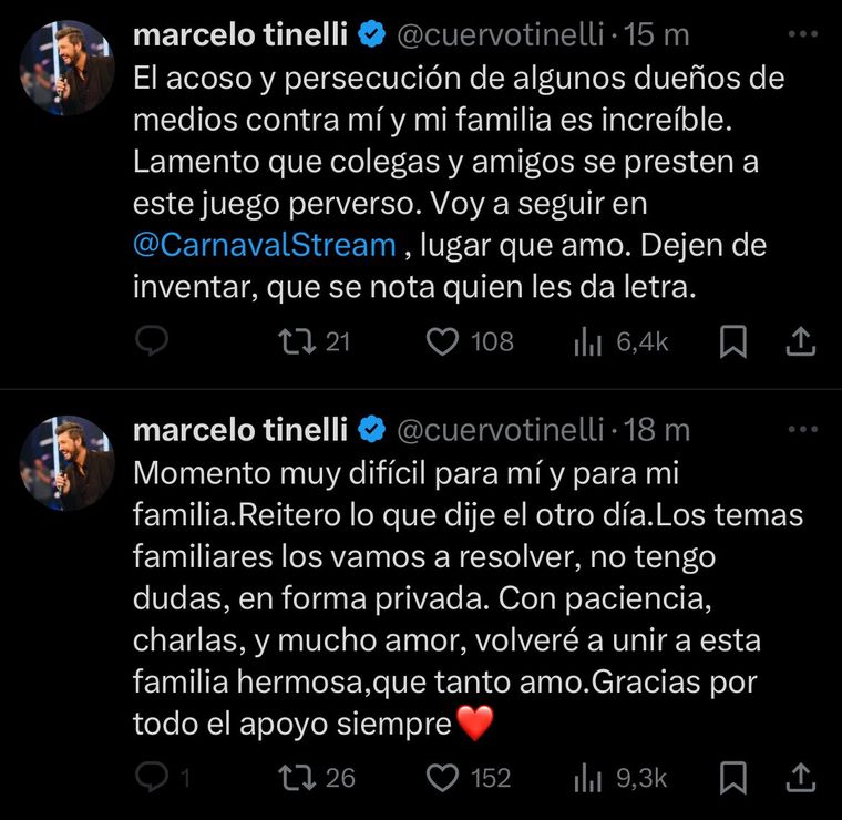 Los posteos fulminantes de Marcelo Tinelli en redes sociales. Los posteos fulminantes de Marcelo Tinelli en redes sociales.
