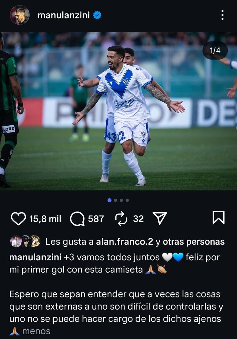 La publicación de Lanzini luego de los dichos de su padre contra Gallardo. La publicación de Lanzini luego de los dichos de su padre contra Gallardo.