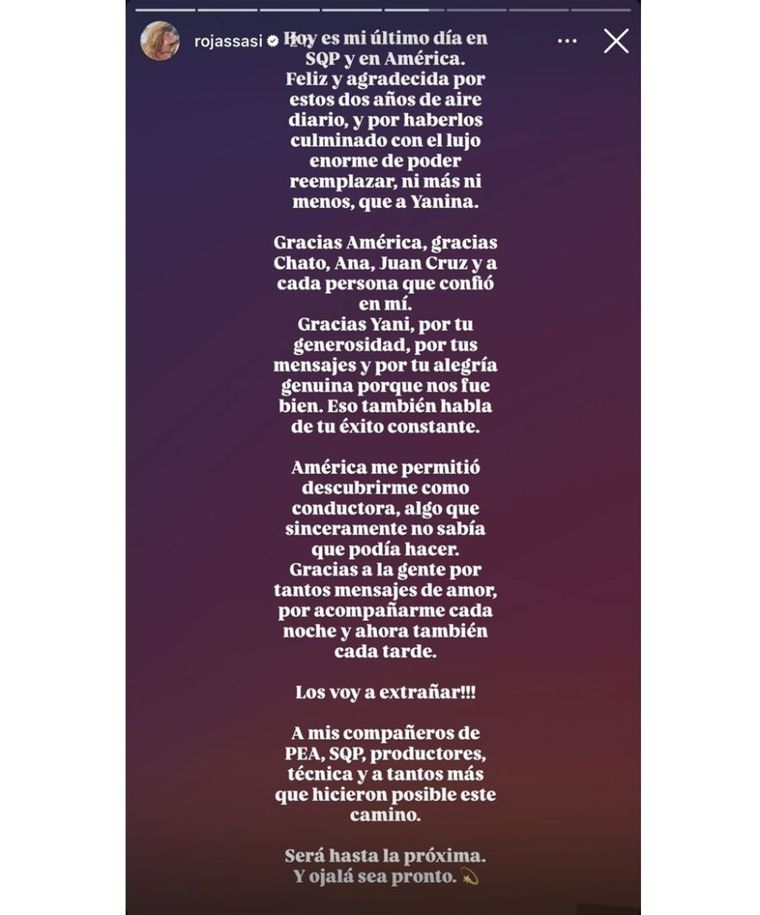 Sabrina Rojas se despidió de canal América. Sabrina Rojas se despidió de canal América.