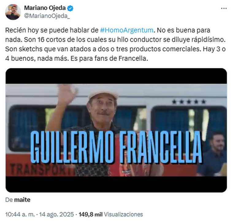 Críticas contra la nueva película de Guillermo Francella. Foto: captura de pantalla X/ @MarianoOjeda_. Críticas contra la nueva película de Guillermo Francella. Foto: captura de pantalla X/ @MarianoOjeda_.