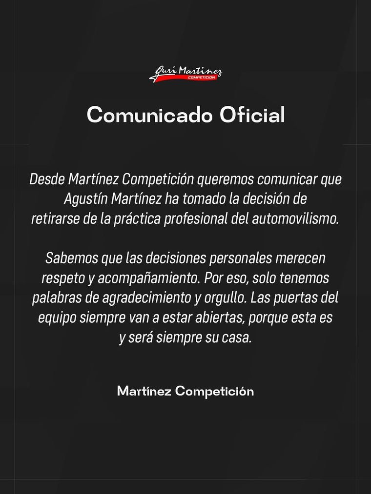 El comunicado para anunciar la decisión de Agustín Martínez. El comunicado para anunciar la decisión de Agustín Martínez.