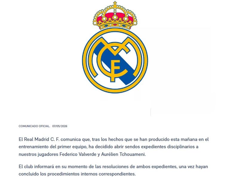 El comunicado del Real Madrid tras el escándalo entre Federico Valverde y Aurélien Tchouaméni. El comunicado del Real Madrid tras el escándalo entre Federico Valverde y Aurélien Tchouaméni.