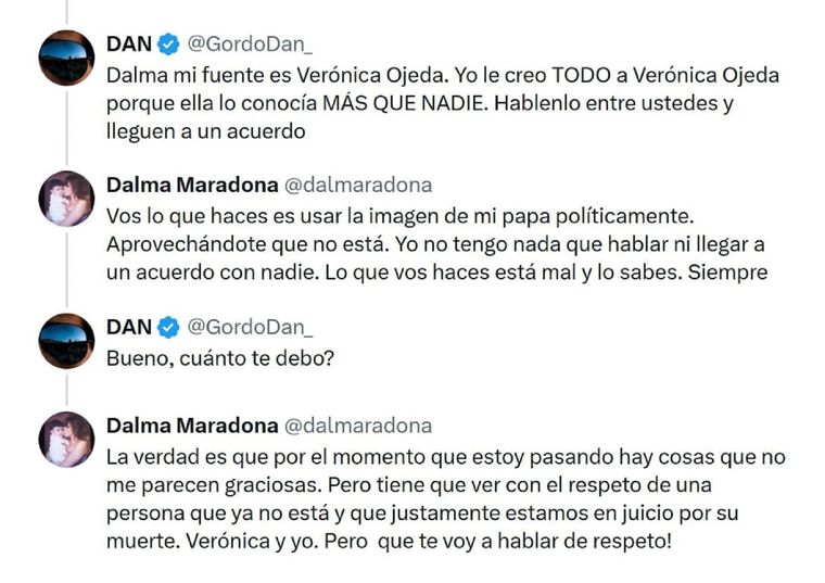 El intercambio entre Dalma Maradona y el Gordo Dan en X El intercambio entre Dalma Maradona y el Gordo Dan en X