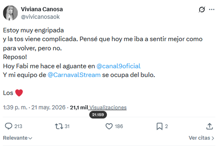 Viviana Canosa confirmó que se enfermó y por eso está ausente en sus programas. Viviana Canosa confirmó que se enfermó y por eso está ausente en sus programas.
