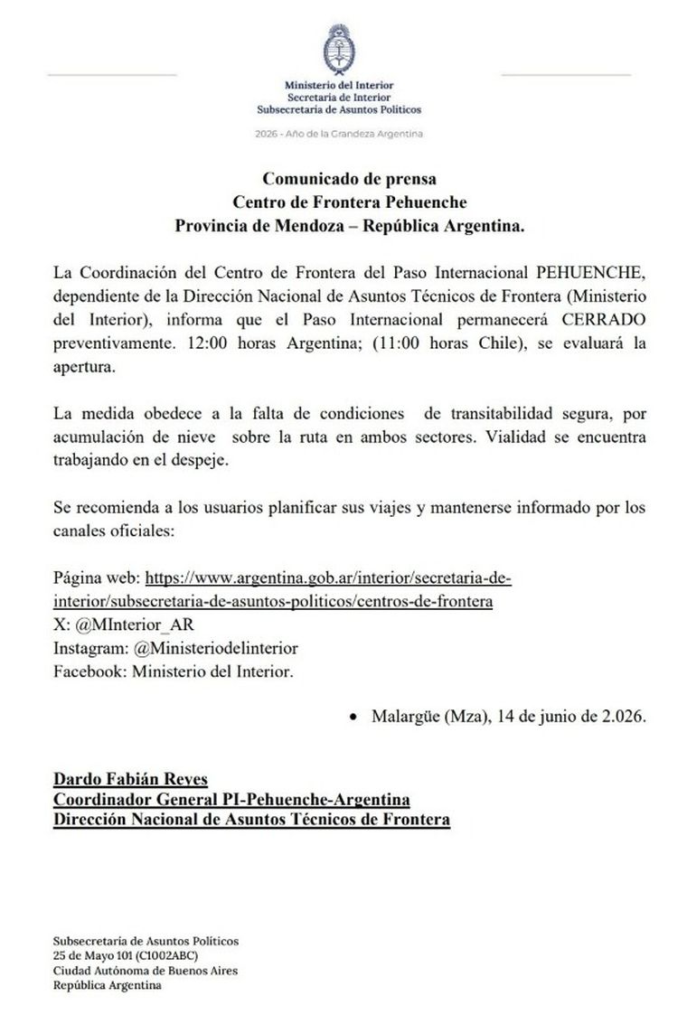 El paso Pehuenche se encuentra cerrado hasta el mediodía El paso Pehuenche se encuentra cerrado hasta el mediodía