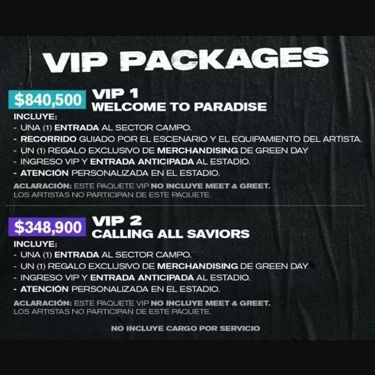Precios de los paqutes VIP de Green Day. Precios de los paqutes VIP de Green Day.