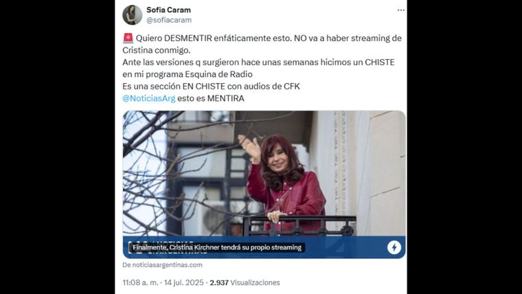 La desmentida de Sofía Caram. La desmentida de Sofía Caram.