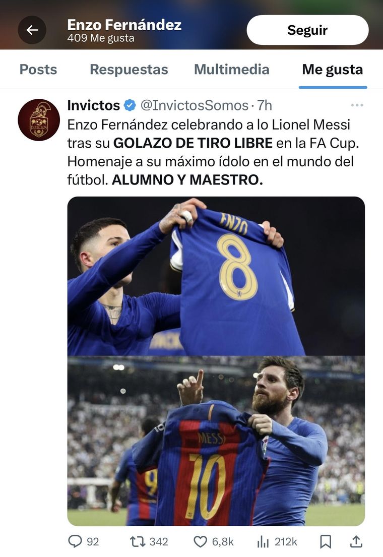 El like de Enzo Fernández con una dedicatoria muy especial a Messi. Foto: @InvictosSomos