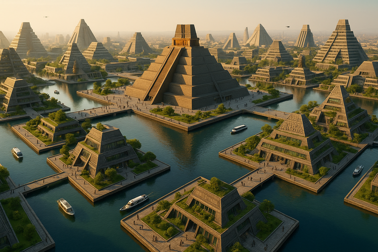 La inteligencia artificial imaginó una Tenochtitlán moderna, con pirámides integradas a rascacielos y canales navegables que conectan una ciudad viva y luminosa. La inteligencia artificial imaginó una Tenochtitlán moderna, con pirámides integradas a rascacielos y canales navegables que conectan una ciudad viva y luminosa.