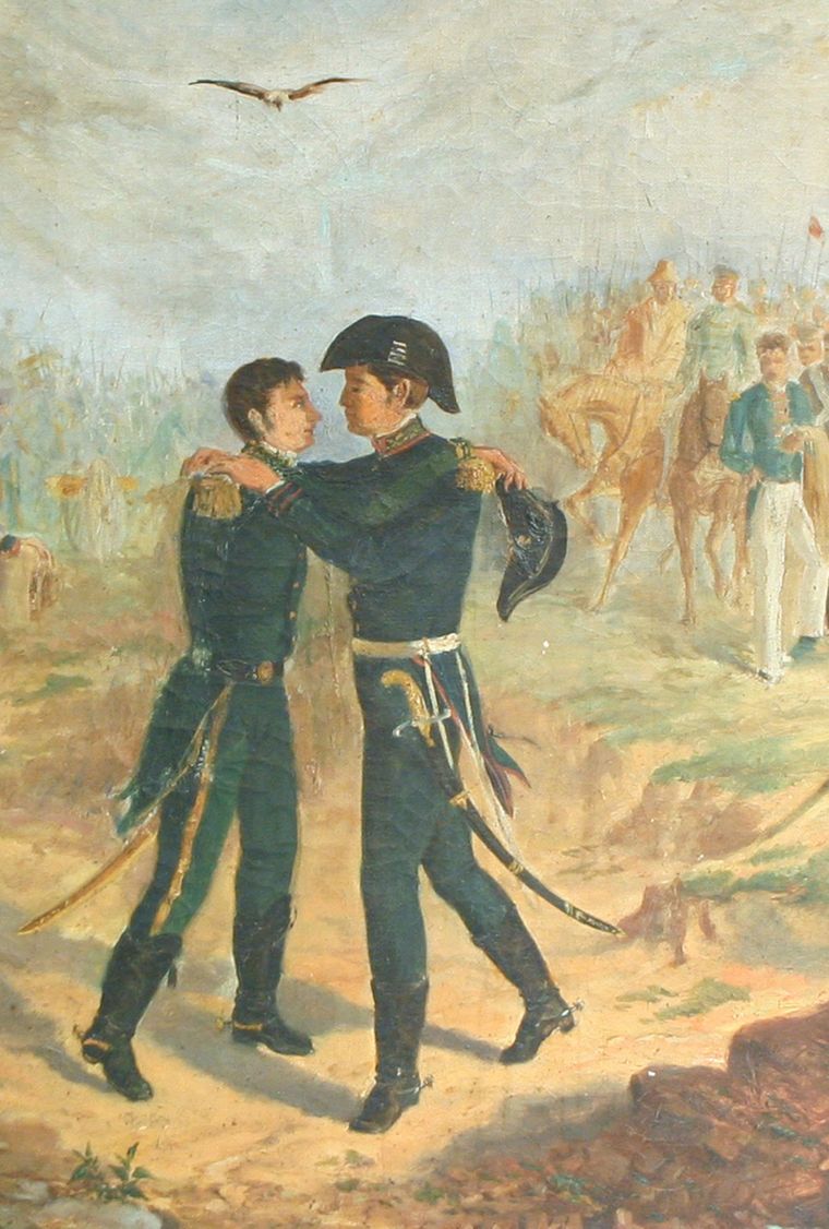 El abrazo de San Martín con Belgrano, una postal que emociona. Foto: Instituto Nacional Sanmartiniano