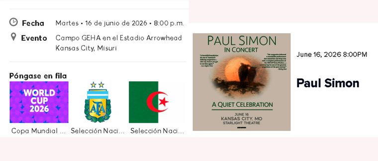 Imágenes extraídas de los portales que venden entradas tanto para el debut de Argentina como para el recital de Paul Simon. En ambos figura como inicio de los eventos a las 20 horas (8 pm). Imágenes extraídas de los portales que venden entradas tanto para el debut de Argentina como para el recital de Paul Simon. En ambos figura como inicio de los eventos a las 20 horas (8 pm).