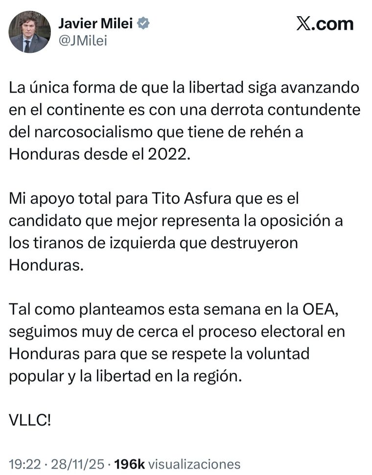 Javier Milei tomó partido en la previa a las elecciones de Honduras y apoyó al candidato de derecha. Javier Milei tomó partido en la previa a las elecciones de Honduras y apoyó al candidato de derecha.