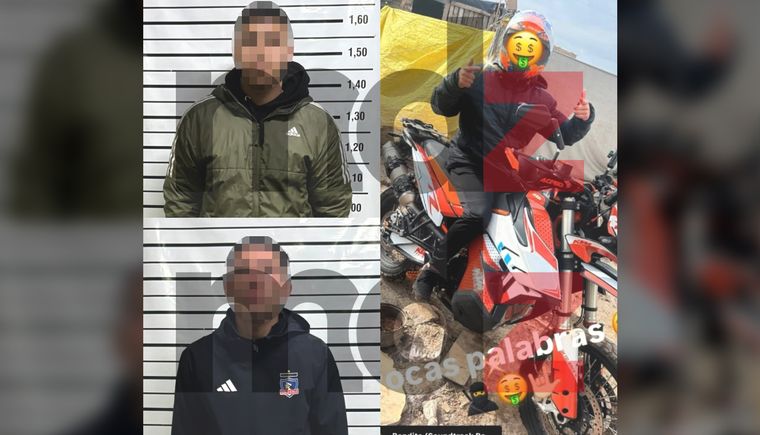 Los dos malvivientes detenidos y la foto con una moto robada que publicaron días atrás en Instagram. (Se pixela el rostro porque pueden pasar a rueda de personas)