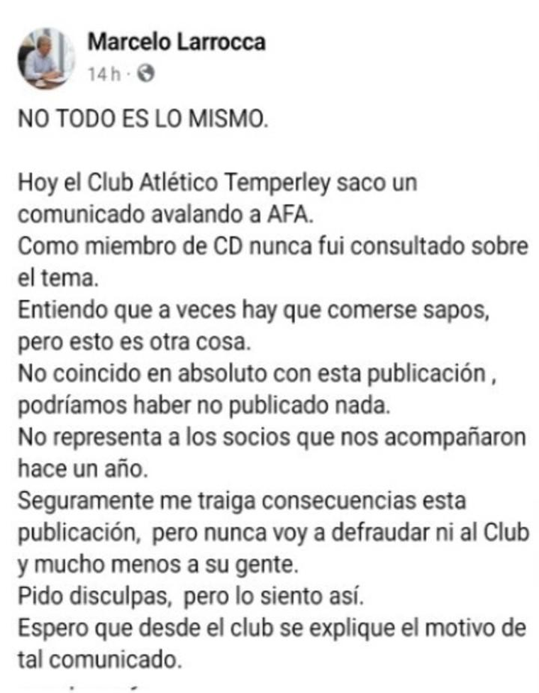 El dirigente de Temperley, Marcelo Larrocca, se plantó y rechazó el apoyo a Claudio Tapia. El dirigente de Temperley, Marcelo Larrocca, se plantó y rechazó el apoyo a Claudio Tapia.