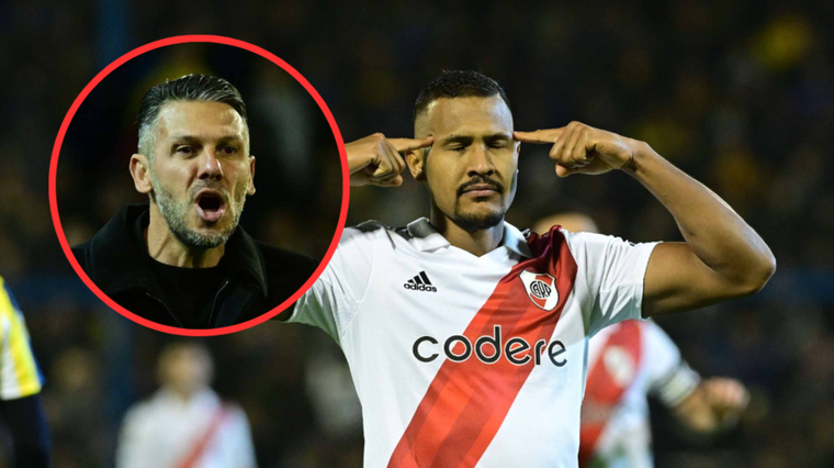 Rondón convirtió y Demichelis tuvo una reacción especial, en medio de la polémica con Borja Foto: Télam