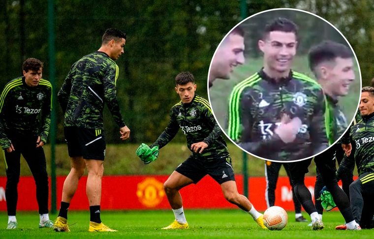Cristiano Ronaldo - Lisandro Martínez El portugués le tiró un caño espectacular al argentino en la práctica de Manchester United.