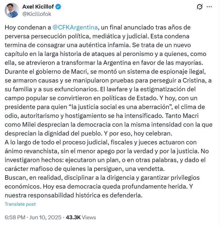 El comunicado de Axel Kicillof sobre la condena contra Cristina Kirchner El comunicado de Axel Kicillof sobre la condena contra Cristina Kirchner
