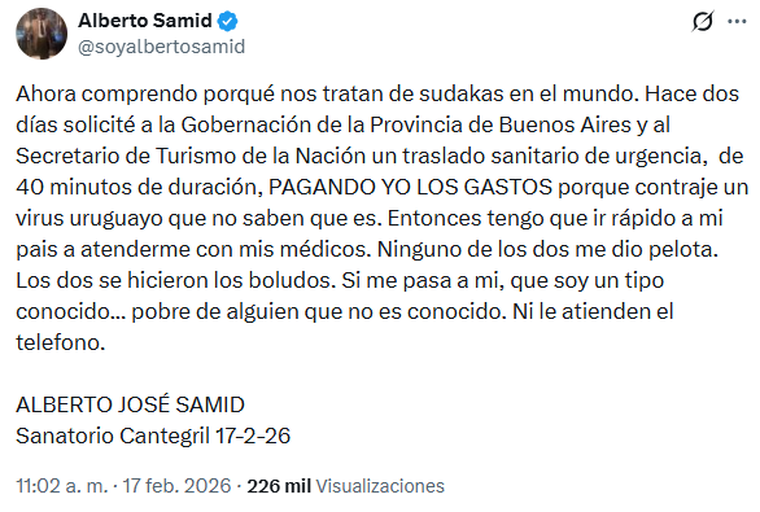 El tuit de Alberto Samid en medio de su internación. El tuit de Alberto Samid en medio de su internación.