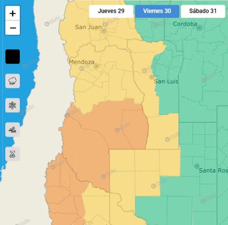 El SMN emitió distintos tipos de alerta para este viernes en Mendoza. El SMN emitió distintos tipos de alerta para este viernes en Mendoza.