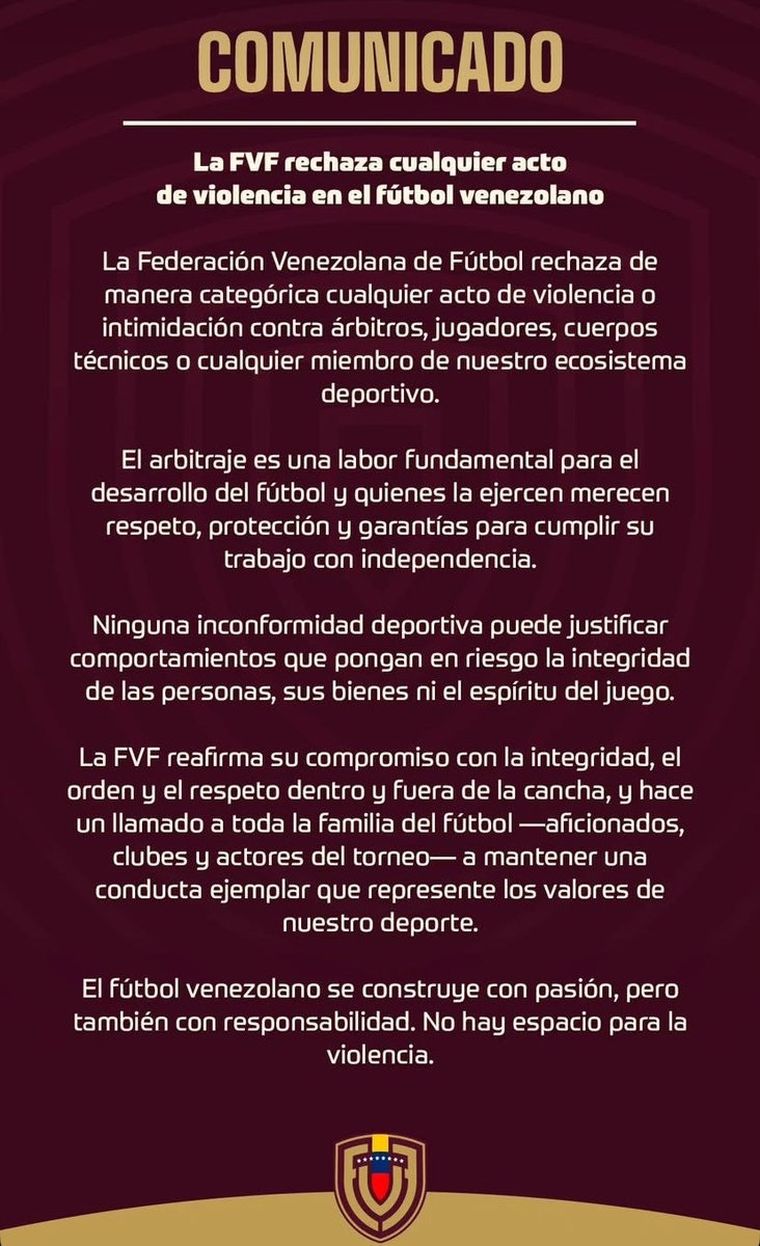La Federación Venezolana de Fútbol repudió el ataque contra el árbitro Yander Herrera.
