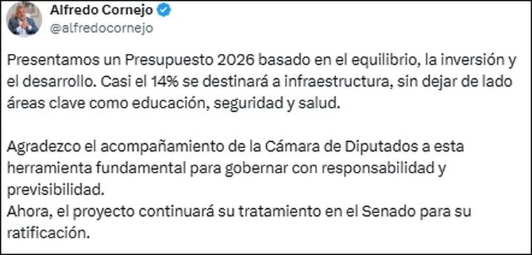 El mensaje de Alfredo Cornejo en sus redes sociales tras la sesión en Diputados. El mensaje de Alfredo Cornejo en sus redes sociales tras la sesión en Diputados.