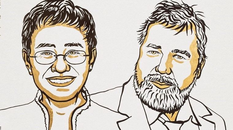 Maria Ressa y Dmitri Muratov, ganadores. Foto: Niklas Elmehed | Instituto Karolinska