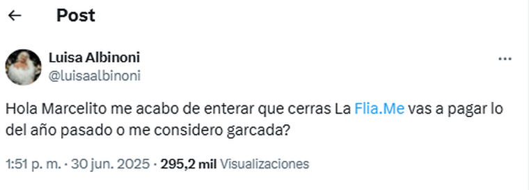 El posteo de Luisa Albinoni contra Marcelo Tinelli. Foto: captura de pantalla X/ @luisaalbinoni.&nbsp;