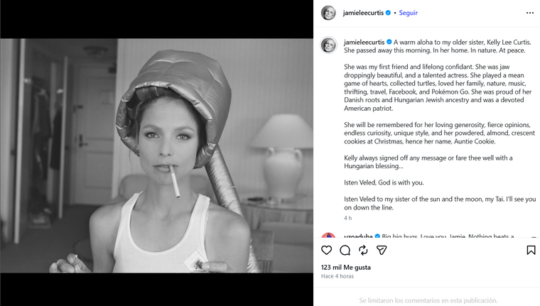 El posteo con el que Jamie Lee Curtis despidió a su hermana Kelly. El posteo con el que Jamie Lee Curtis despidió a su hermana Kelly.