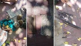 Las placas de bronce y floreros recuperados tras la detención en el cementerio. Las placas de bronce y floreros recuperados tras la detención en el cementerio.