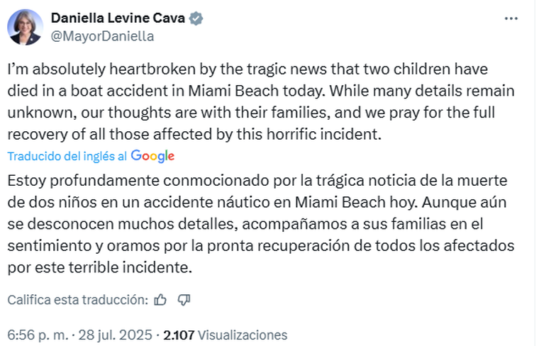 El comunicado de Daniella Levine Cava, la alcaldesa de Miami, tras la muerte de las dos niñas. El comunicado de Daniella Levine Cava, la alcaldesa de Miami, tras la muerte de las dos niñas.