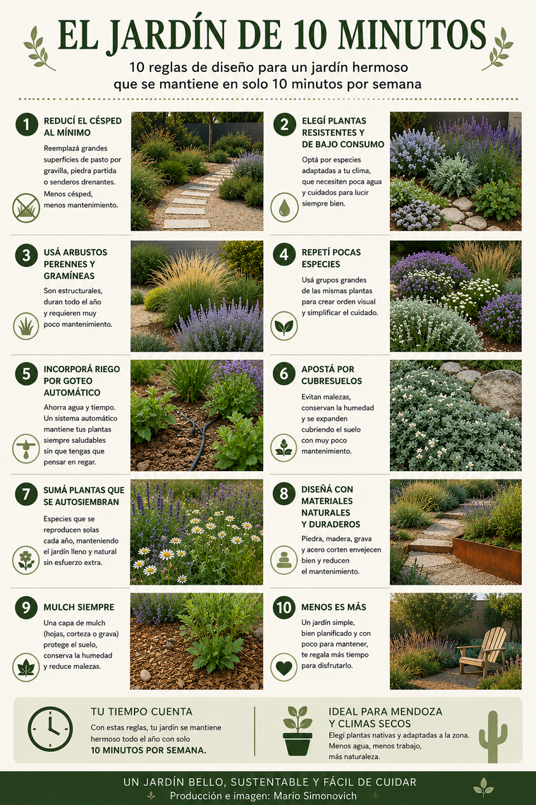 Ayuda mucho el riego por goteo programado y los arbustos perennes, que mantienen verde el jardín incluso cuando muchas plantas pierden hojas o flores. Ayuda mucho el riego por goteo programado y los arbustos perennes, que mantienen verde el jardín incluso cuando muchas plantas pierden hojas o flores.