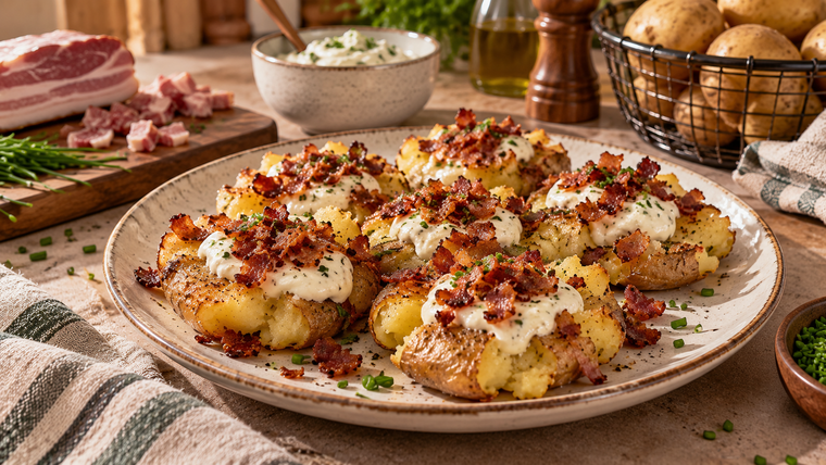 Papas aplastadas con crema de queso y panceta crispy, perfectas como plato o guarnición