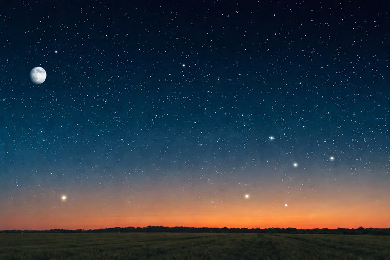 A simple vista, parte de la alineación planetaria se reconocerá por el brillo firme de Venus y Júpiter. A simple vista, parte de la alineación planetaria se reconocerá por el brillo firme de Venus y Júpiter. 