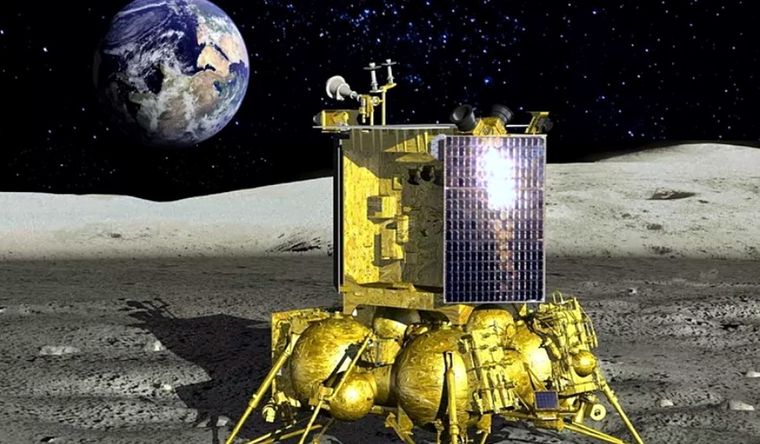 Luna-25 Rusia Recreación de cómo se verá Luna-25, sobre el suelo lunar. Foto: LavochkinNPO, Rusia.