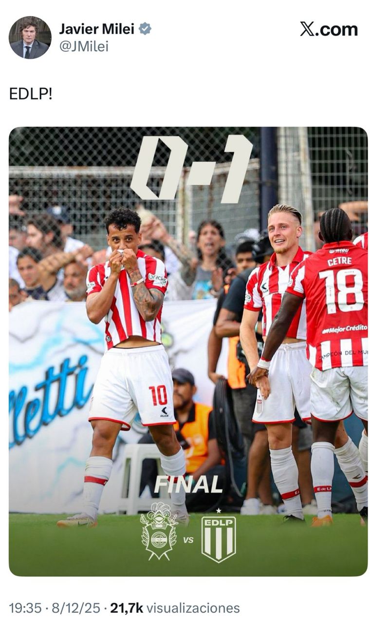Javier Milei festejó el triunfo de Estudiantes de La Plata en pleno enfrentamiento con el Chiqui Tapia, presidente de la AFA. Javier Milei festejó el triunfo de Estudiantes de La Plata en pleno enfrentamiento con el Chiqui Tapia, presidente de la AFA.