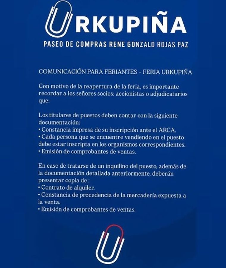 El comunicado oficial del predio de Urkupiña del paseo de compras de La Salada. El comunicado oficial del predio de Urkupiña del paseo de compras de La Salada.