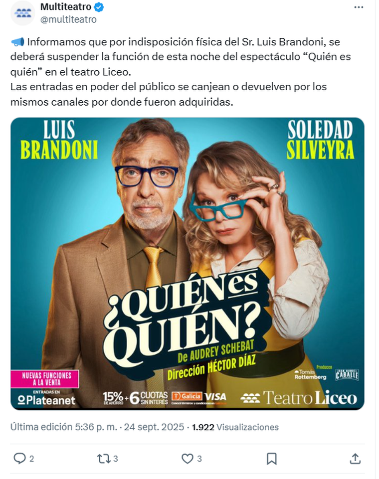 La publicación de Multiteatro sobre Luis Brandoni. Foto: captura de pantalla X/ @multiteatro. La publicación de Multiteatro sobre Luis Brandoni. Foto: captura de pantalla X/ @multiteatro.