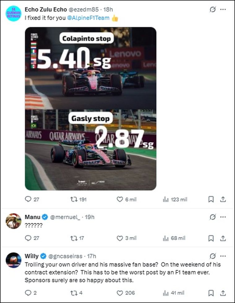 Los hinchas argentinos no tardaron en reaccionar al posteo de Alpine. Los hinchas argentinos no tardaron en reaccionar al posteo de Alpine.