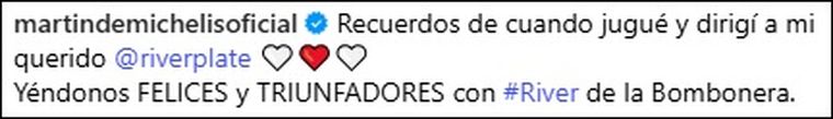 El posteo de Martín Demichelis que no pasó desapercibido entre los hinchas de River. El posteo de Martín Demichelis que no pasó desapercibido entre los hinchas de River.
