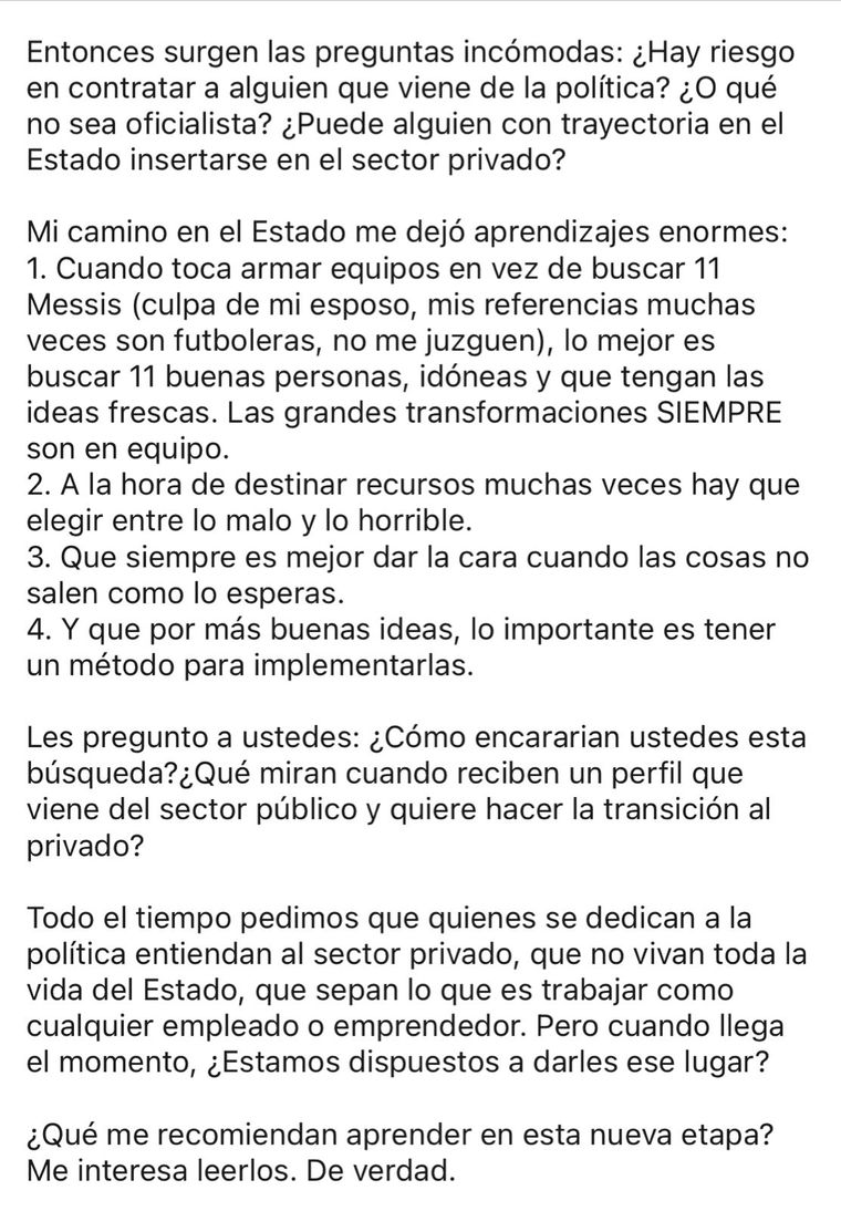 La exgobernadora María Eugenia Vidal preguntó en Linkedin qué le recomiendan para transicionar del sector público al privado.