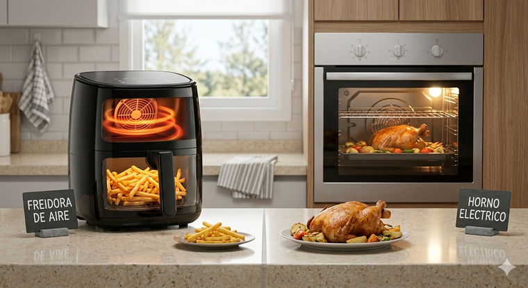 La freidora de aire y el horno eléctrico son muy usados en la cocina. La freidora de aire y el horno eléctrico son muy usados en la cocina.