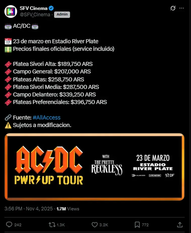 Los precios anunciados en la página de SFV Cinema. Los precios anunciados en la página de SFV Cinema.